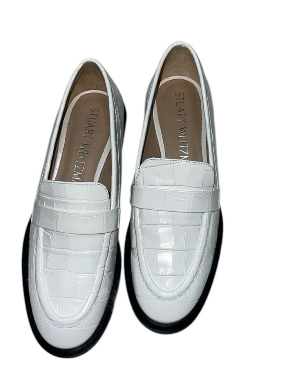Stuart Weitzman White Croc-Embossed Penny Loafers with Black Soles